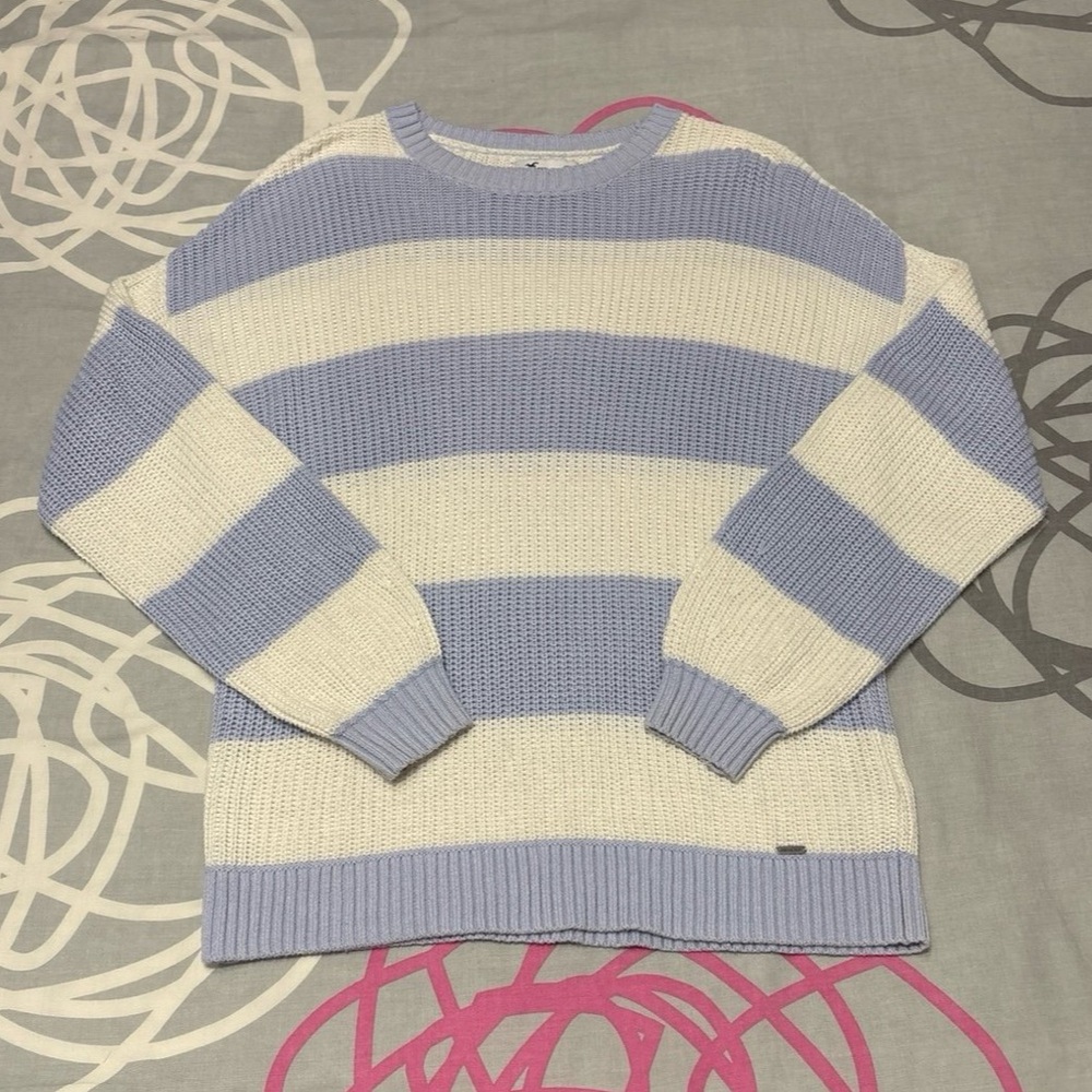 Hollister Light Blue and White Oversized Striped Sweater